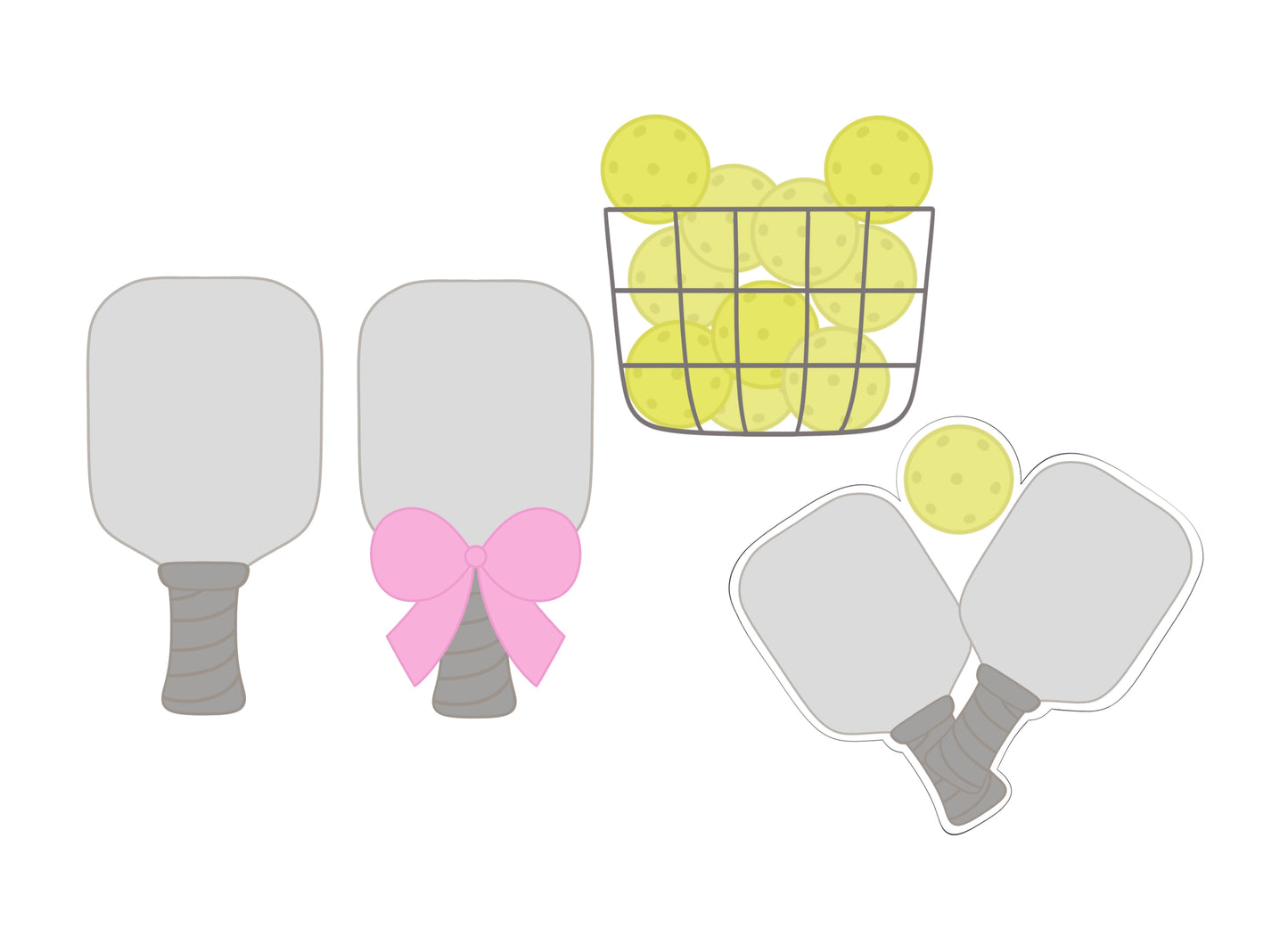 Pickleball Cookie Cutters, Racket, Racket with Bow, Basket of Balls, or Double Paddle with Ball