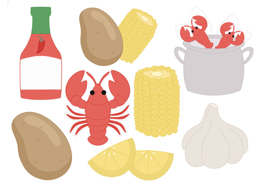 Crawfish Cookie Cutters, Hot Sauce, Potato + Corn, Crawfish in a Pot, Potato, Crawfish, Corn on the Cob, Lemon Slices, or Garlic