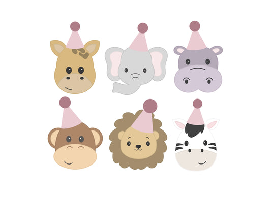 Giraffe, Elephant, Hippo, Monkey, Lion, or Zebra with Party Hats Cookie Cutters