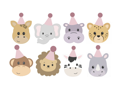 Giraffe, Elephant, Hippo, Cheetah, Monkey, Lion, Zebra, or Rhino with Party Hats Cookie Cutters