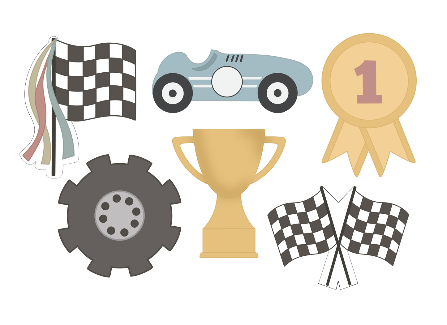 Flag with Streamers, Race Car, Medal, Tire, Trophy, or Double Flag Cookie Cutters