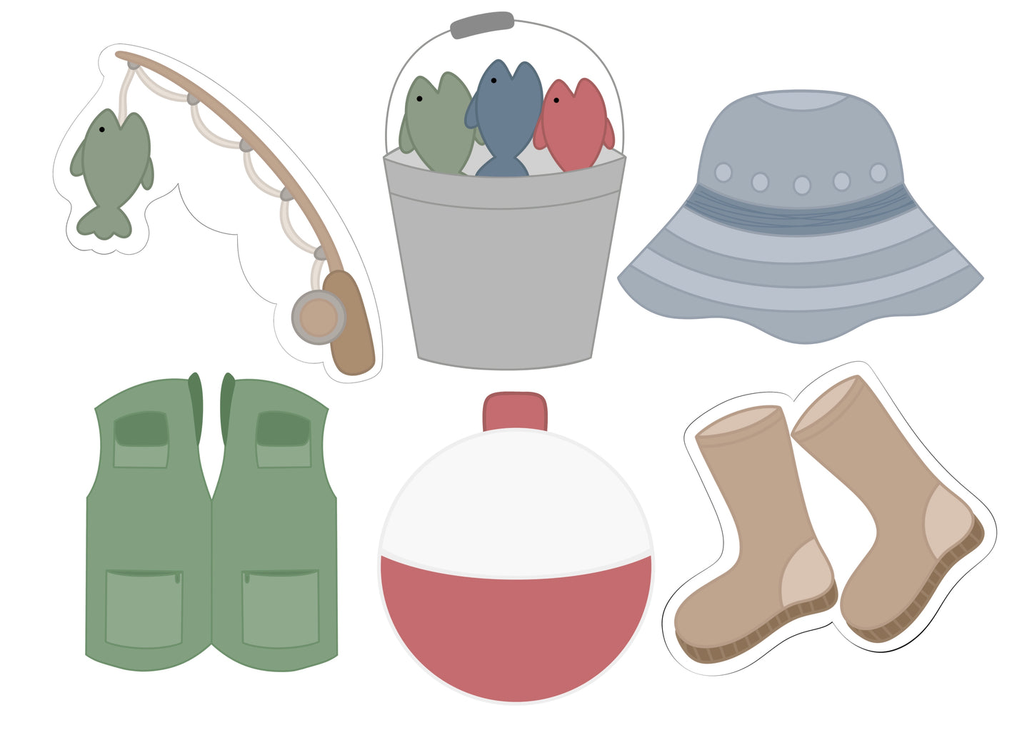 Fishing Cookie Cutters, Fishing Pole, Fishing Bucket, Fishing Hat, Fishing Vest, Fishing Bobber, Fishing Boots